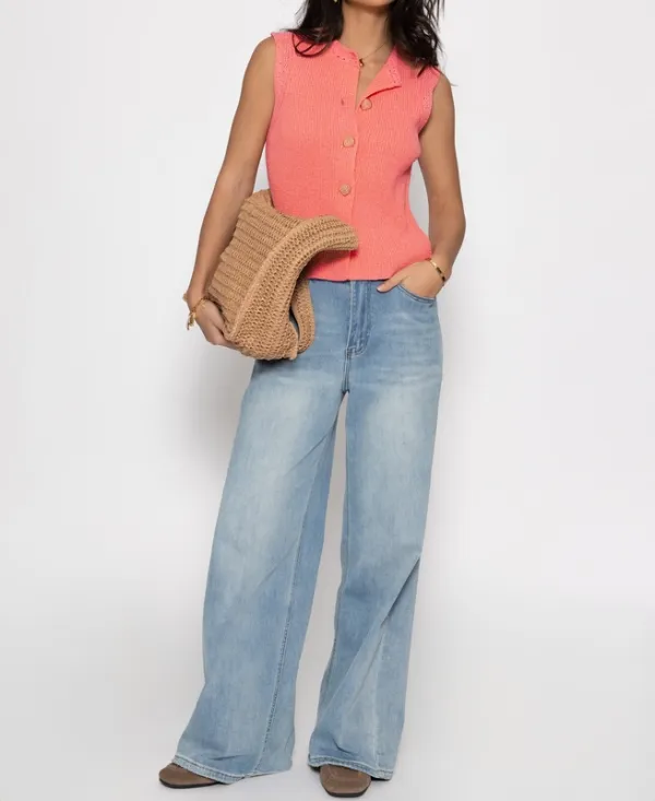 Coral Knit Button Top