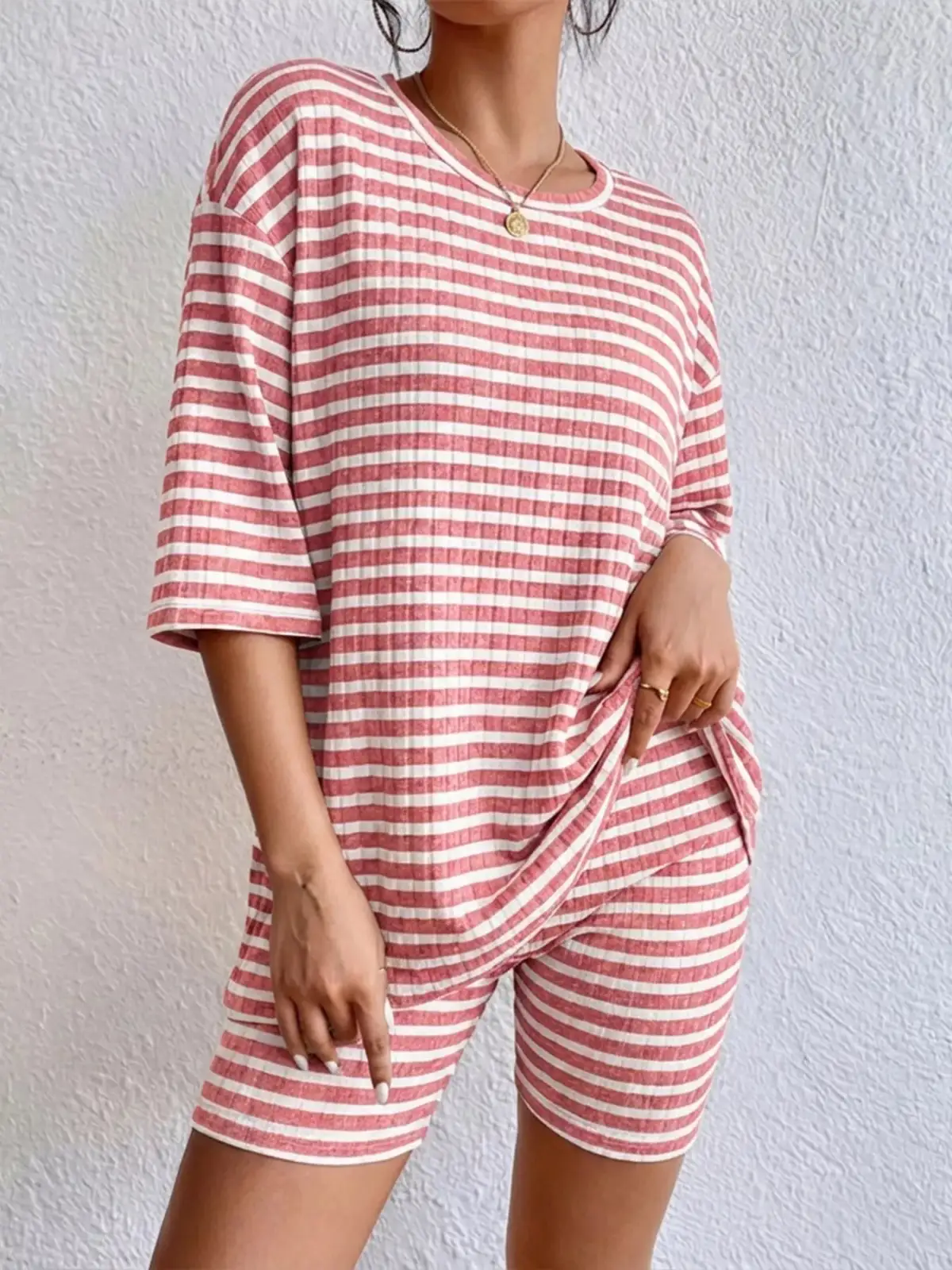 Casual Refined Striped Top and Shorts Matching Set