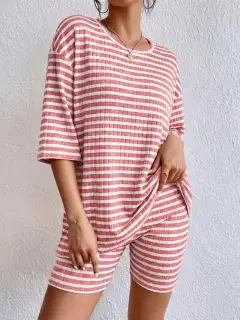Casual Refined Striped Top and Shorts Matching Set