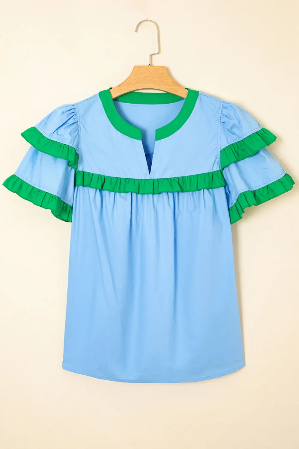 Frilled Notched Neck Short Sleeve Blouse