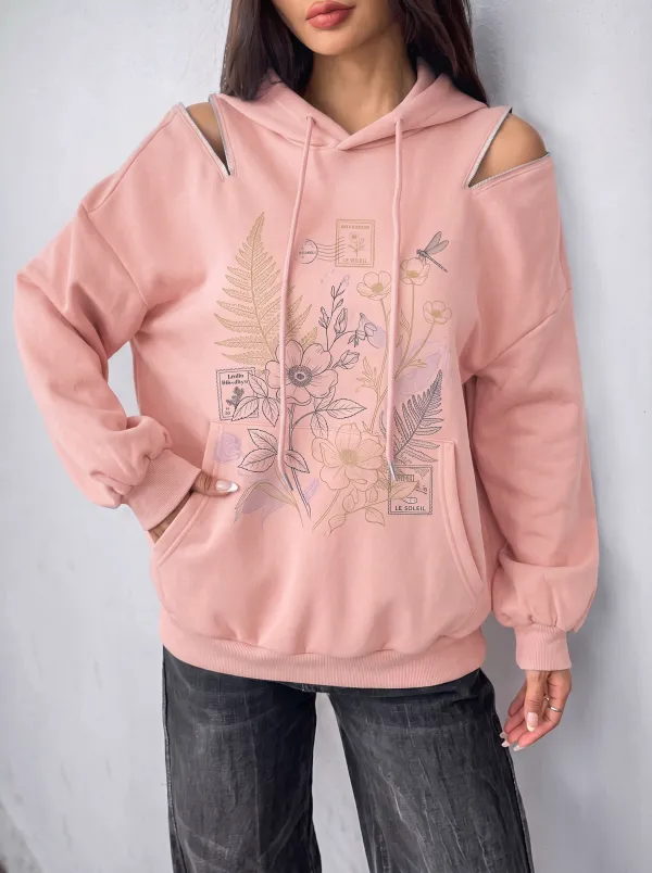 Women's Botanical Floral Dragonfly Stamp Printed Cold Shoulder Hoodie