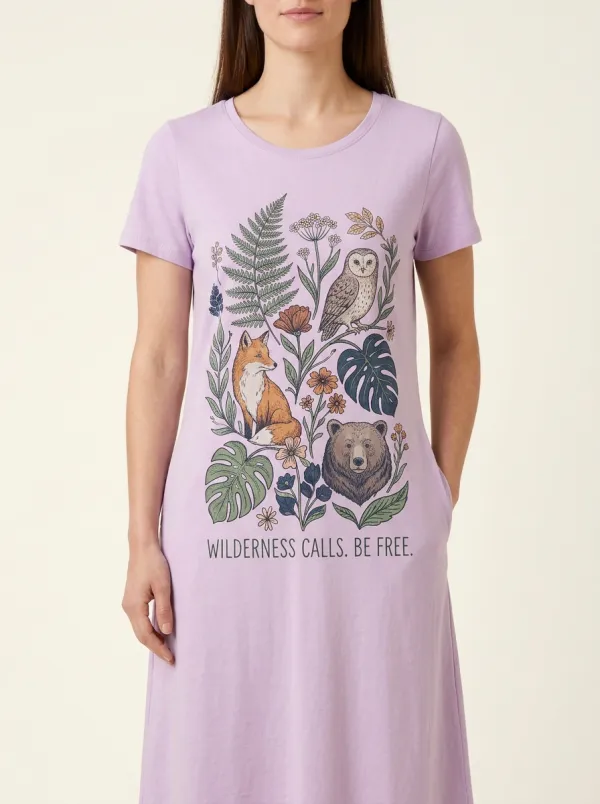 Nature Lover Wilderness Fox Owl Bear T-Shirt Dress