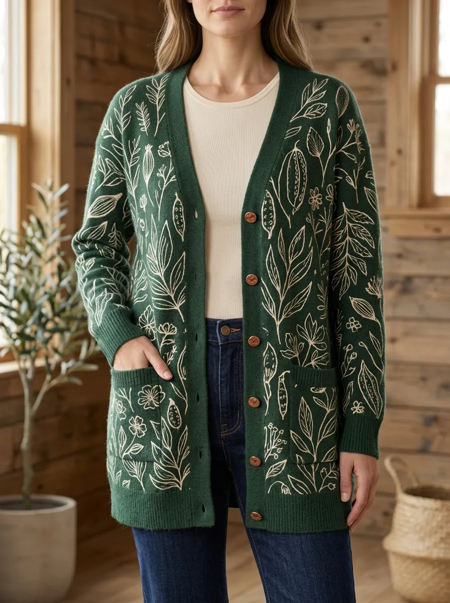 Women's Nature Lover Botanical Line Art Printed Cardigan
