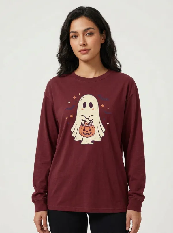 Women's Halloween Ghost Pumpkin Candy Printed Long Sleeve T-shirt