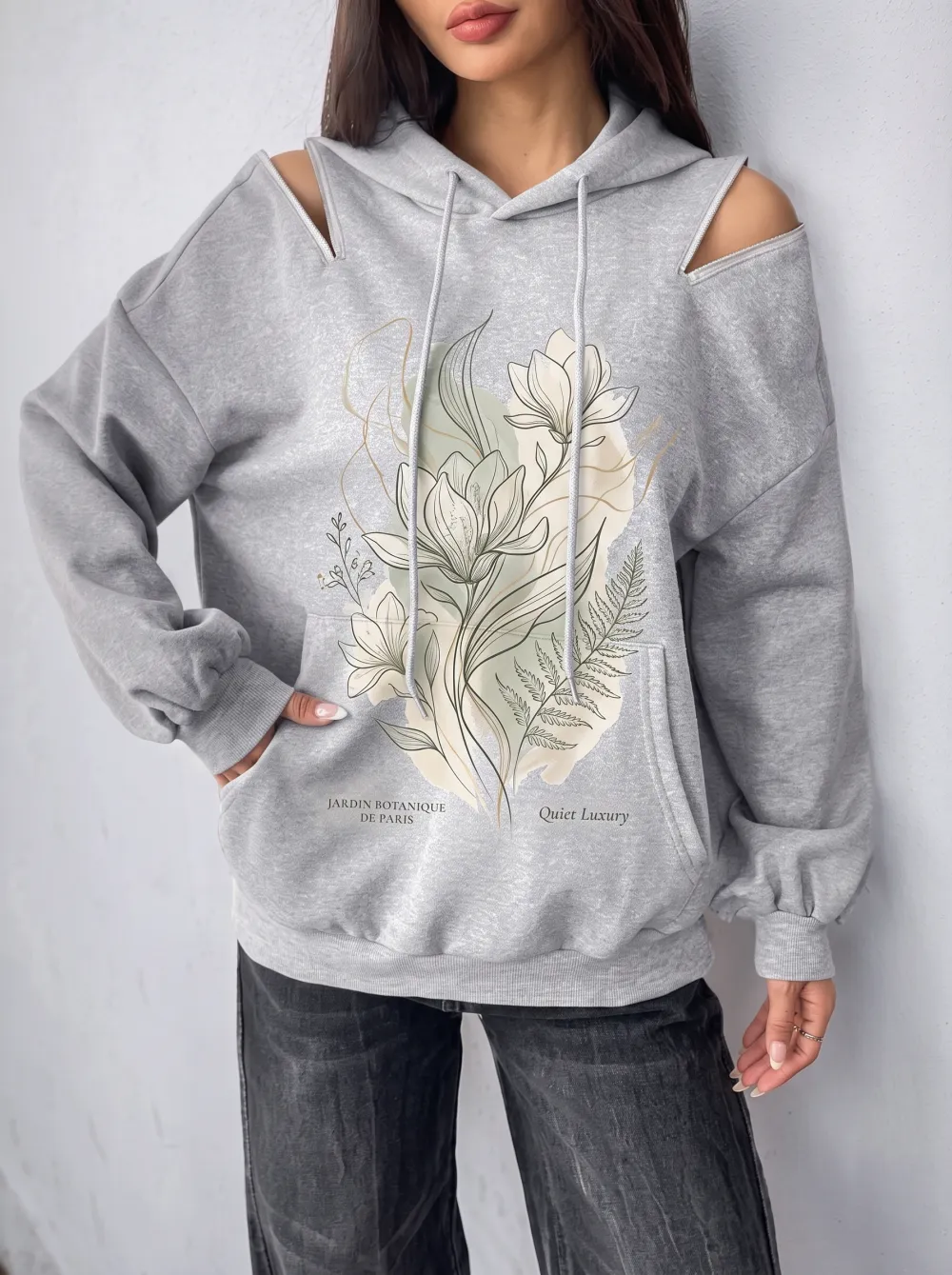 Women's Botanical Paris Floral Art Printed Cold Shoulder Hoodie