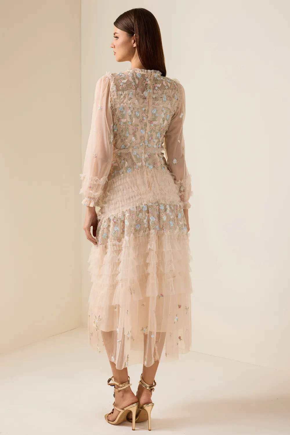 Mesh Embroidered Frill Midi Dress