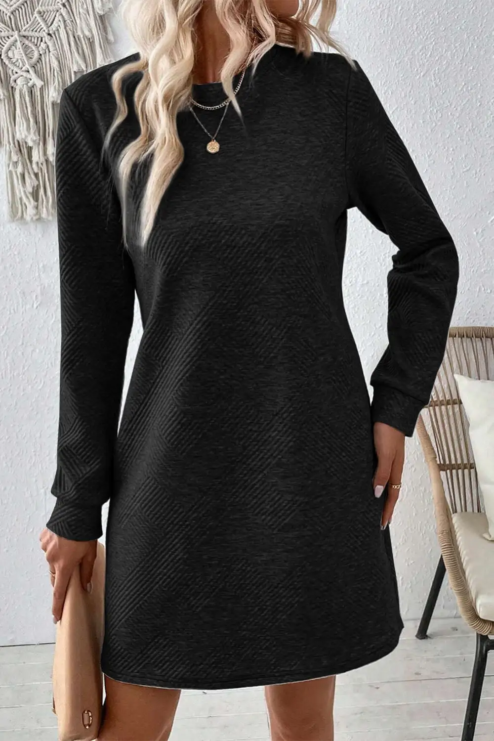 Textured Long Sleeve Shift Mini Dress