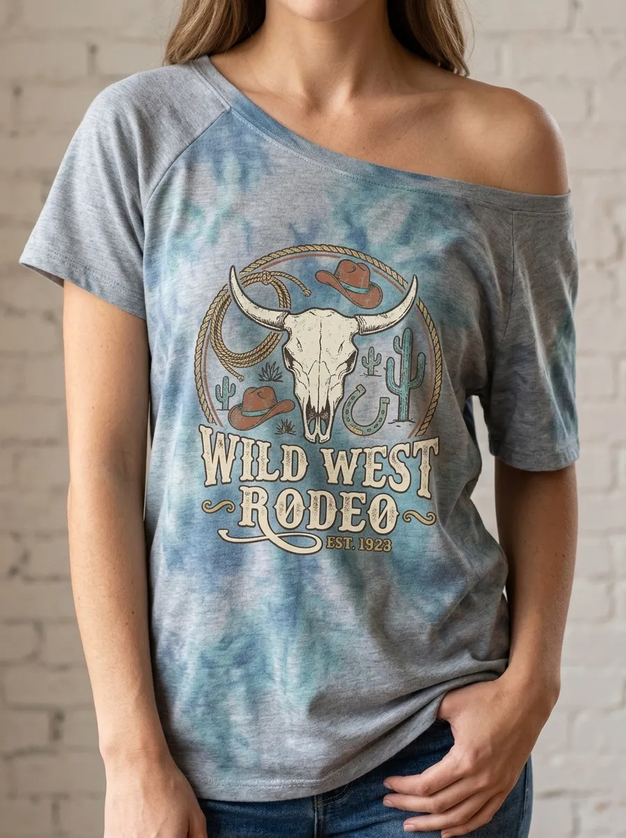 Women's Wild West Rodeo Cow Skull Printed Tie-Dye T-shirt