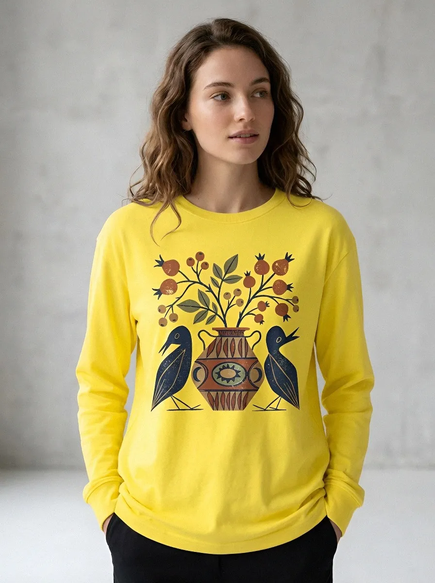 Women's Folk Art Bird Vase Botanical Printed Long Sleeve Top