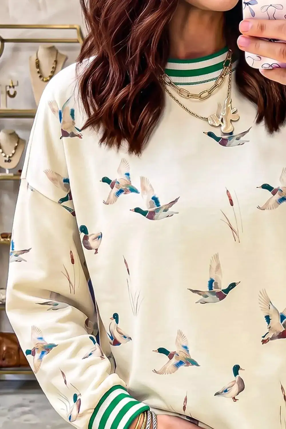 Ribbed Striped Printed Sweatshirt