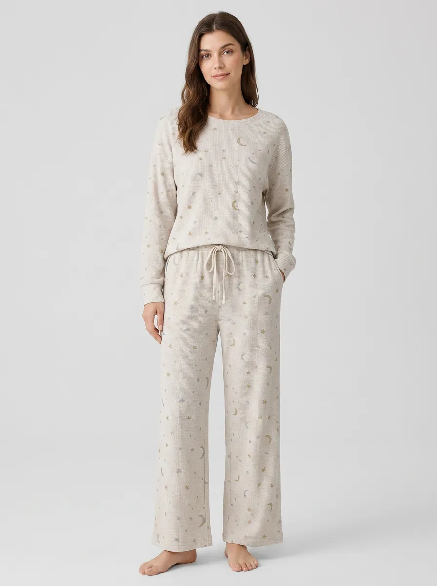 Women's Celestial Lover Moon Star Printed Waffle Lounge Set
