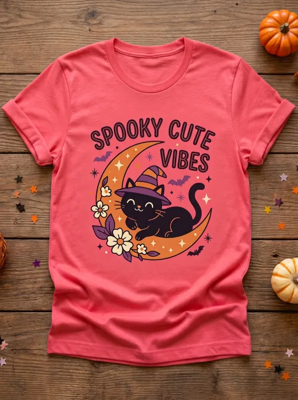 Cat Moon Spooky Halloween Graphic T-Shirt