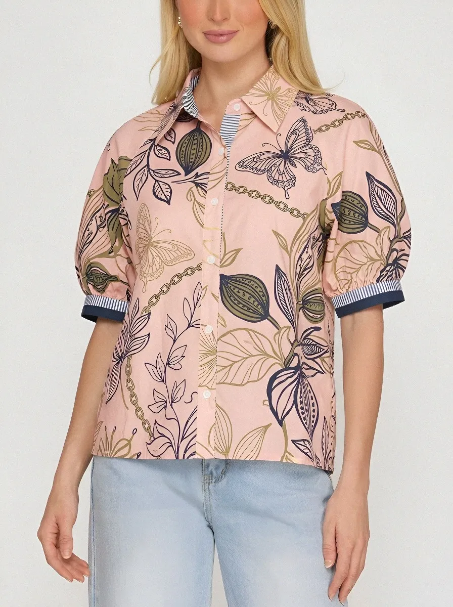 Women's Butterfly Floral Chain Printed Puff Sleeve Shirt