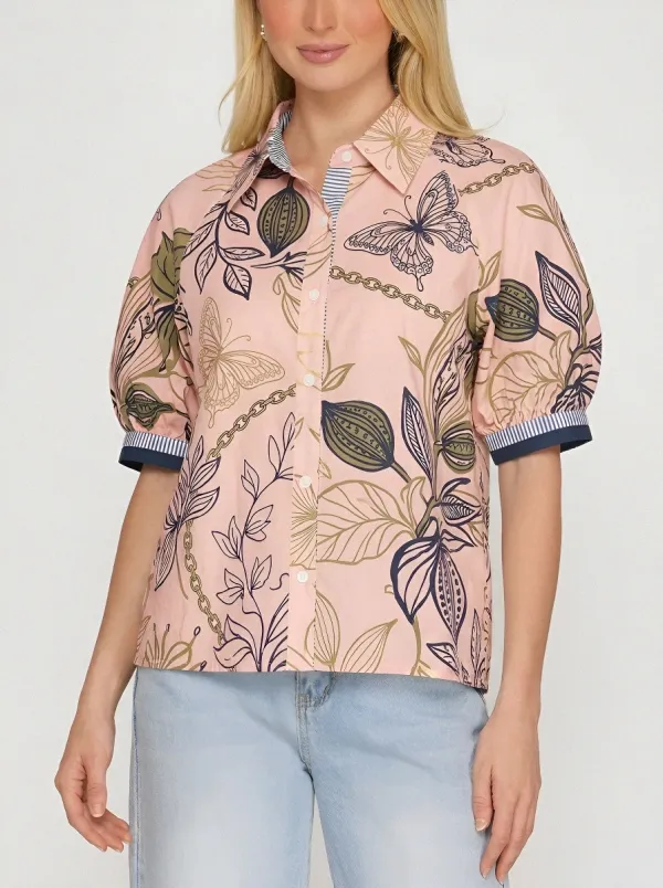 Women's Butterfly Floral Chain Printed Puff Sleeve Shirt