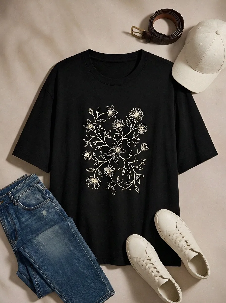 Unisex Botanical Nature Lover Floral Line Art Printed T-shirt