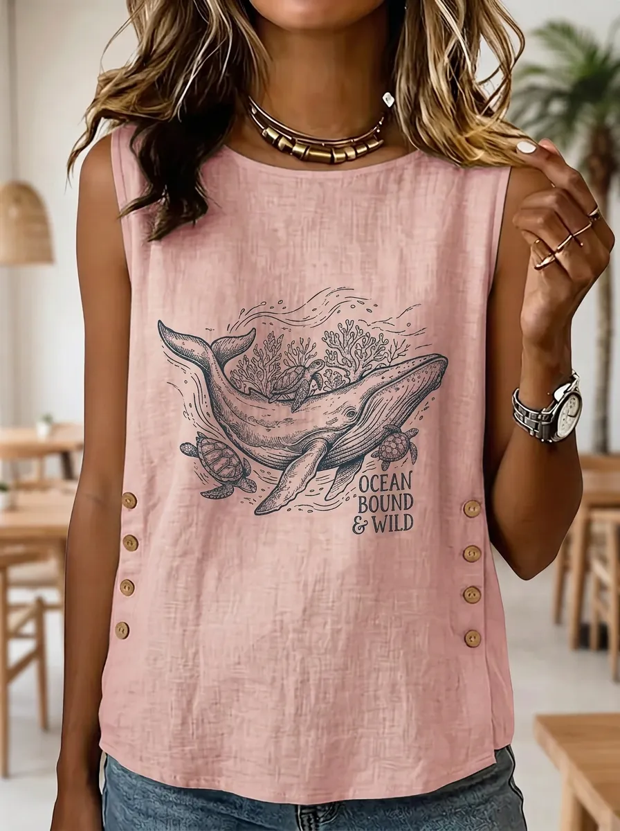 Women's Ocean Lover Whale Turtle Printed Sleeveless Top