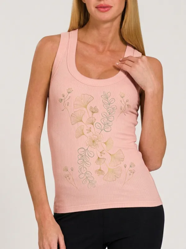 Women's Botanical Nature Lover Ginkgo Leaf Floral Printed Ribbed Tank Top
