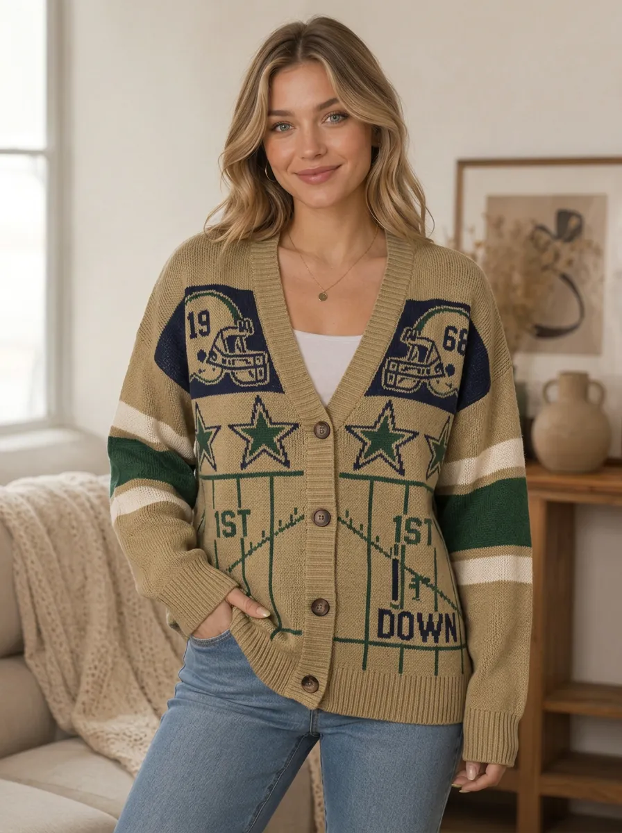 Women's Field Inspired Gridiron Helmet Star Ball Knit Cardigan