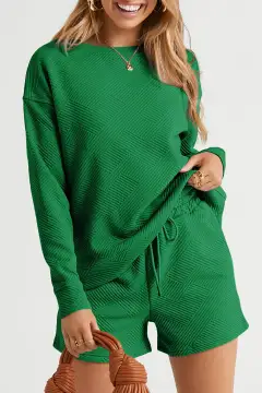 Drawstring Textured Two-Piece Top and Shorts Set