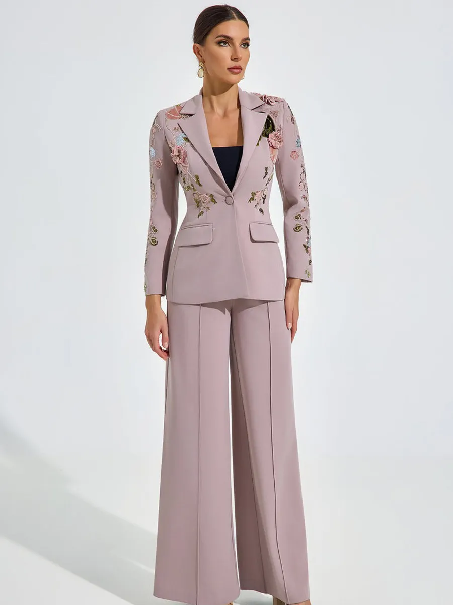 Amelia Embroidered Blush Pantsuit Set