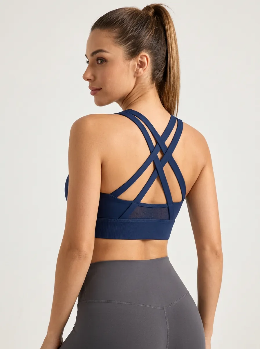 Women's Cross Back Workout Bra with Mesh Panel Printed Detail
