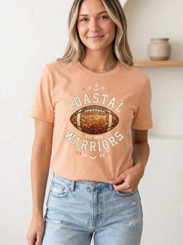 Women's Bold Football Ball Sparkle Crew Neck Graphic T-Shirt