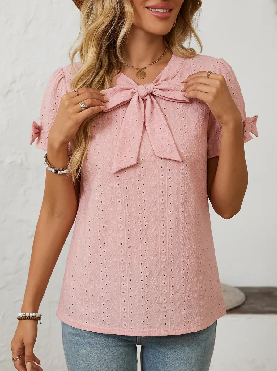 Women's V-neck Bow-detail Eyelet Blouse