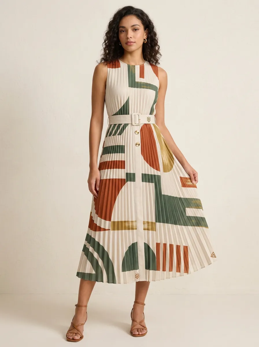 Women's Abstract Geometric Art Printed Pleated Midi Dress