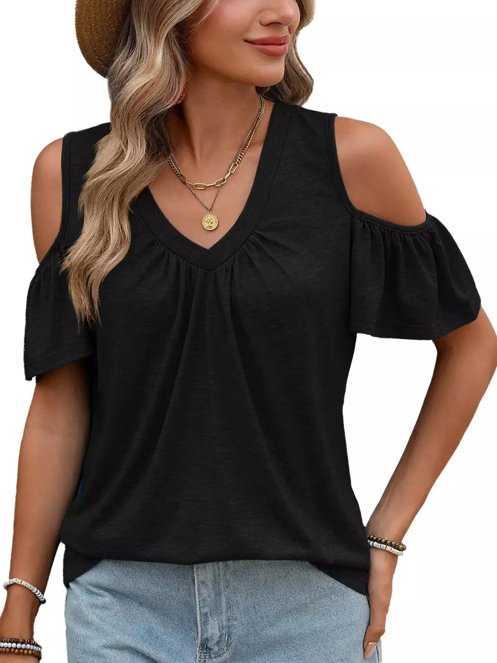 Cold Shoulder V Neck T Shirt