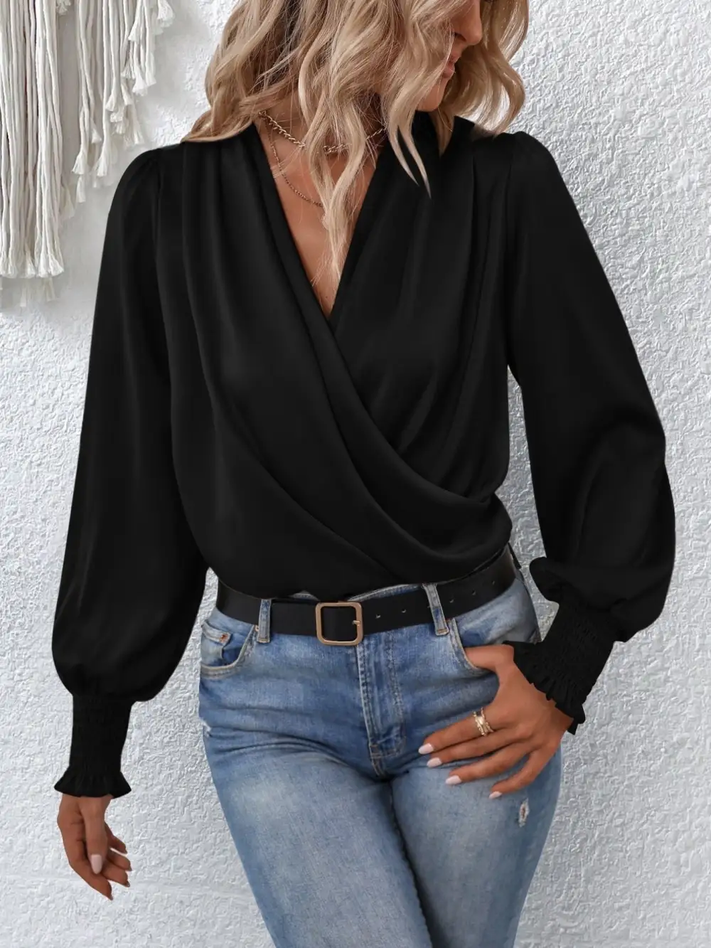 Ruched Surplice Long Sleeve Blouse