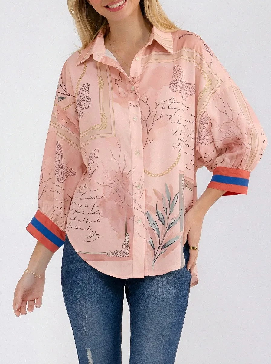 Women's Butterfly Floral Script Printed Button Down Shirt