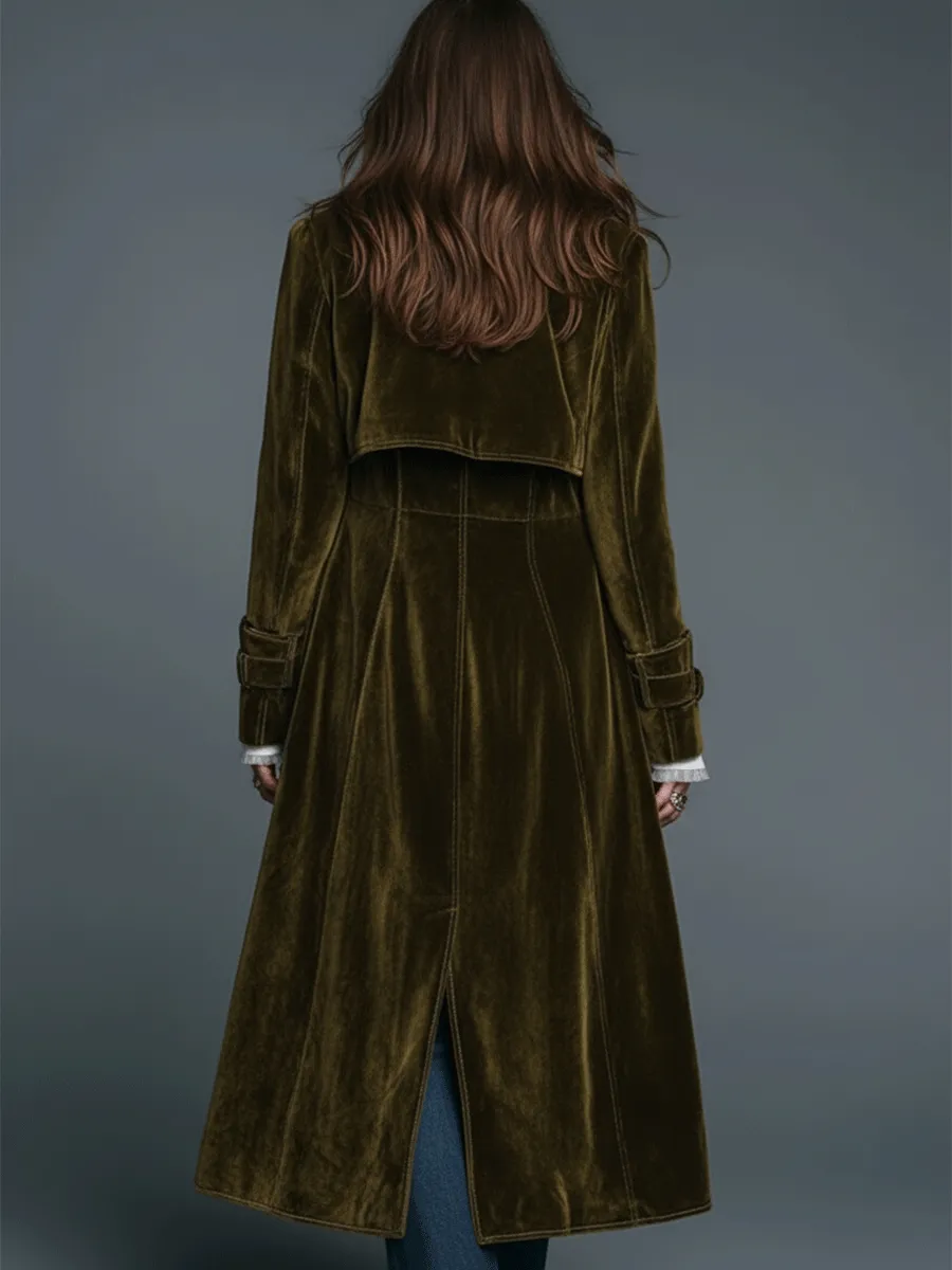 Boho Luxe Olive Velvet Leopard Lapel Long Coat