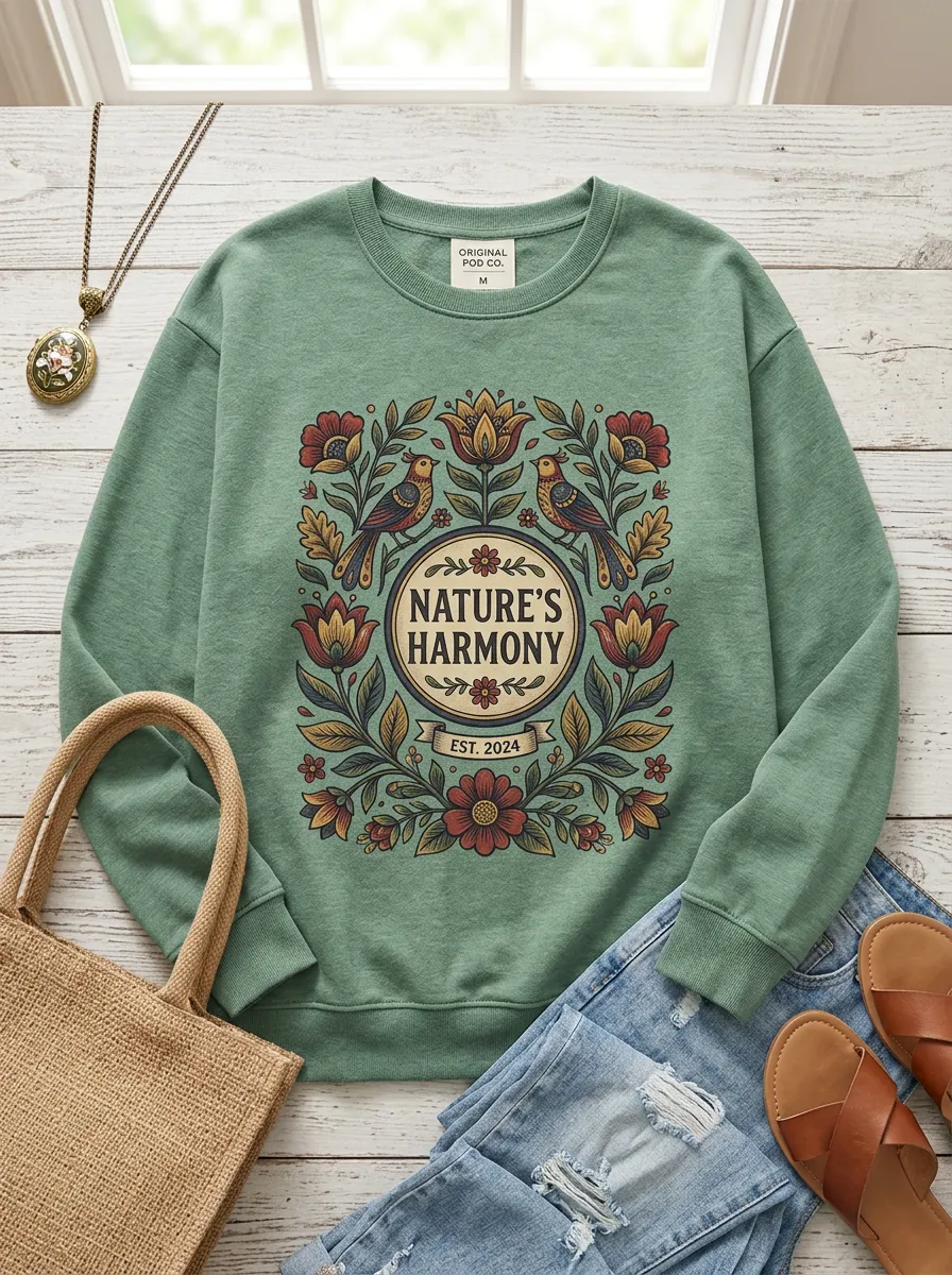 Women's Nature Harmony Floral Bird Folk Art Printed Sweatshirt