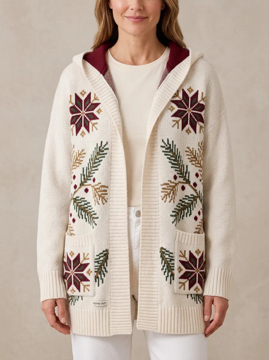 Christmas Snowflake Pine Branch Print Hooded Cardigan