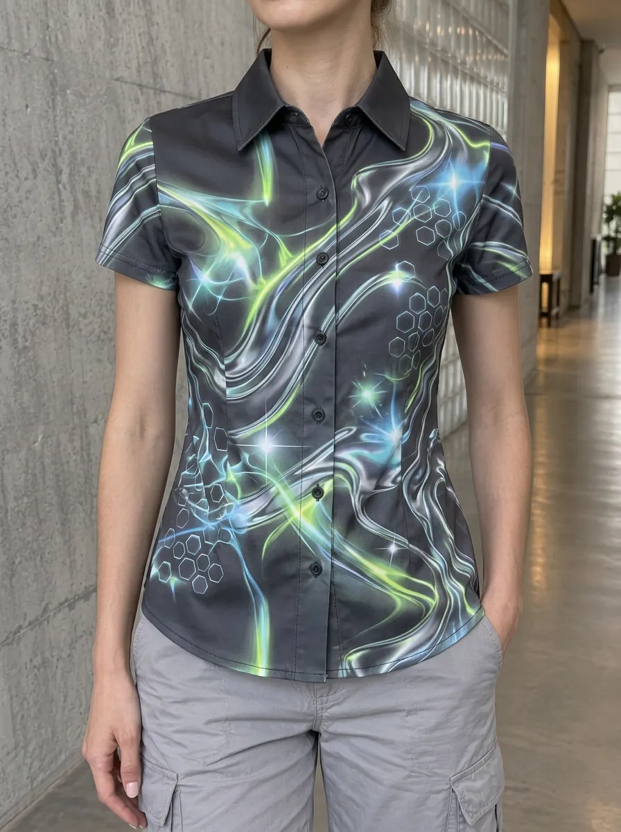 Women's Cyberpunk Neon Swirl Hexagon Printed Shirt
