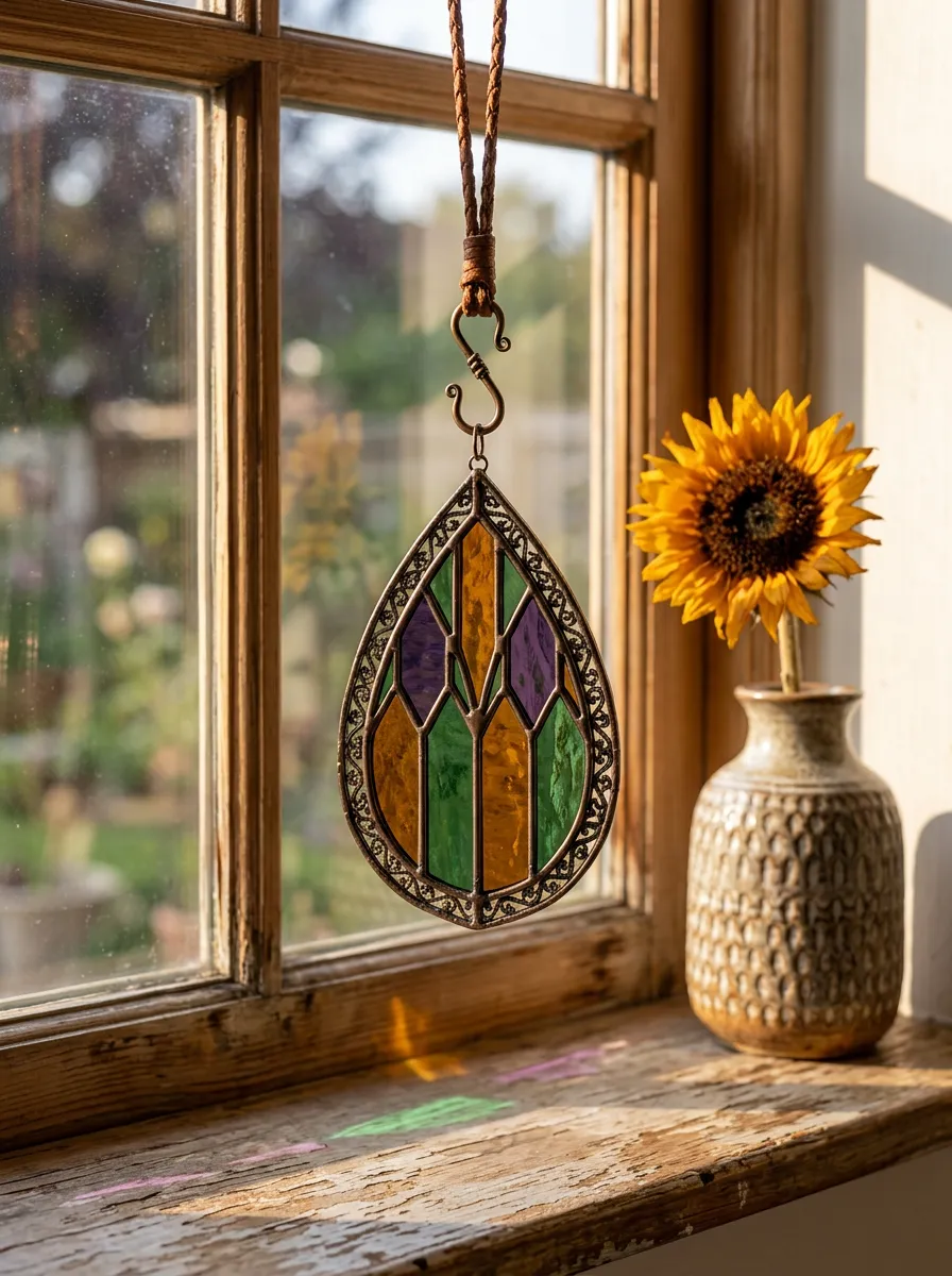 Stained Glass Teardrop Geometric Suncatcher Hanging Ornament