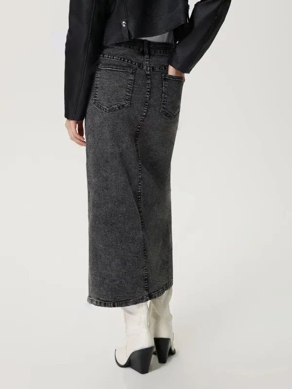 Open Button Front Denim Detail Skirt