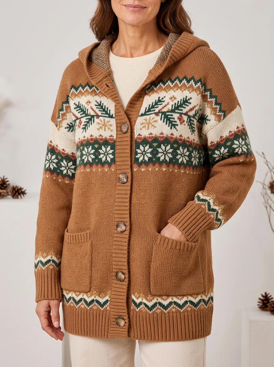 Christmas Snowflake Pine Branch Patterned Hooded Cardigan