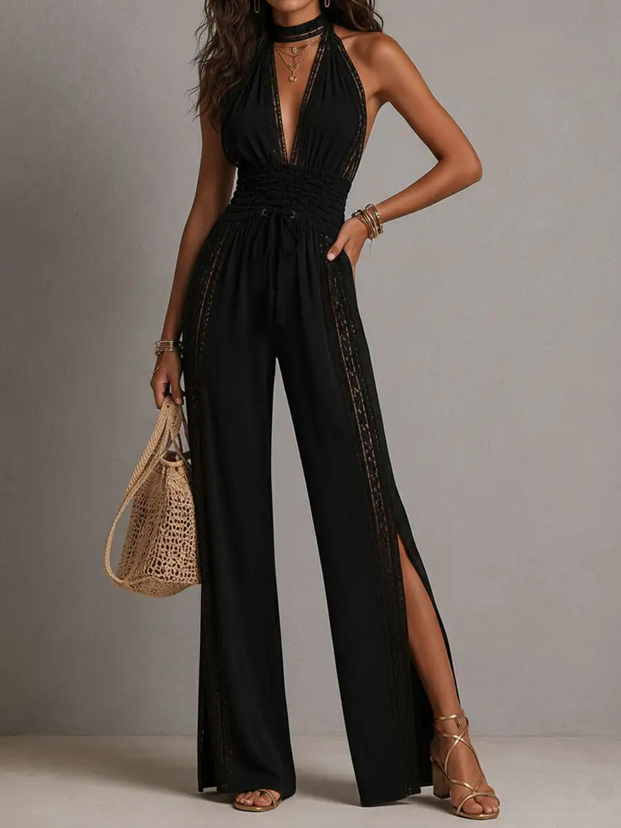 Boho Elegant Lace Panel Smocked Waist Wide Leg One-Piece Jumpsuit