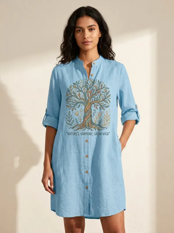 Nature Lover Tree Harmony Linen Shirt Dress