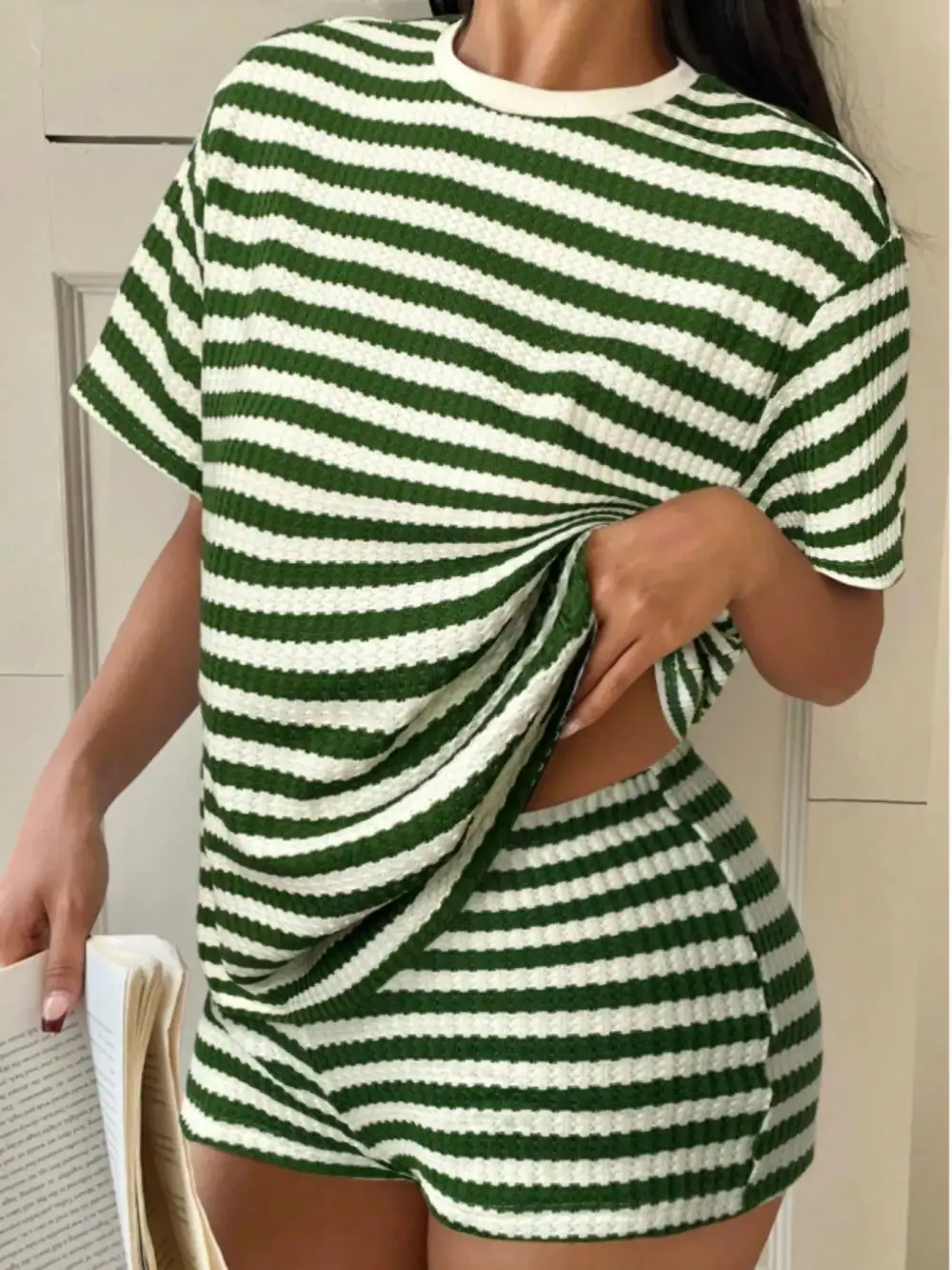 Relaxed Striped Round Neck Top Shorts Set