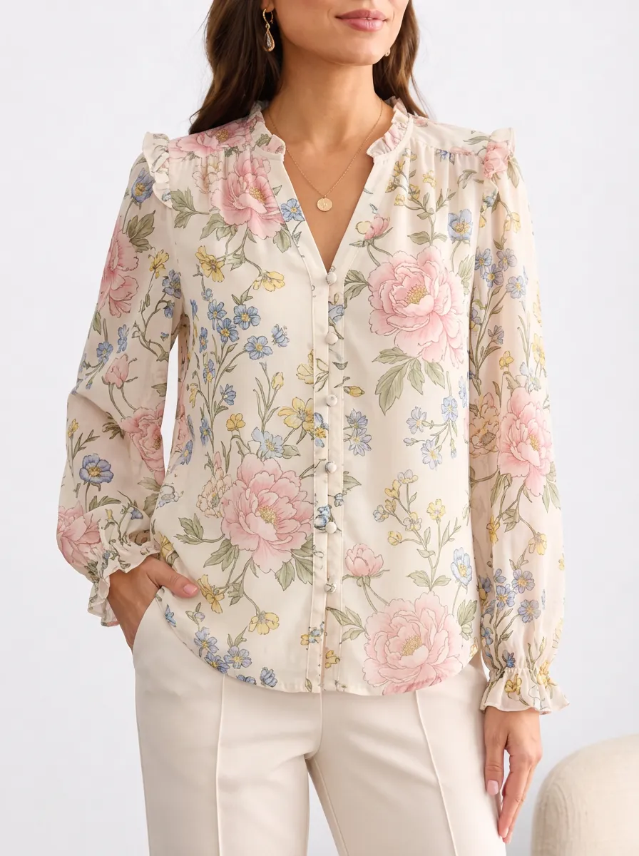 Women's Vintage Floral Peony Printed Button Down Blouse