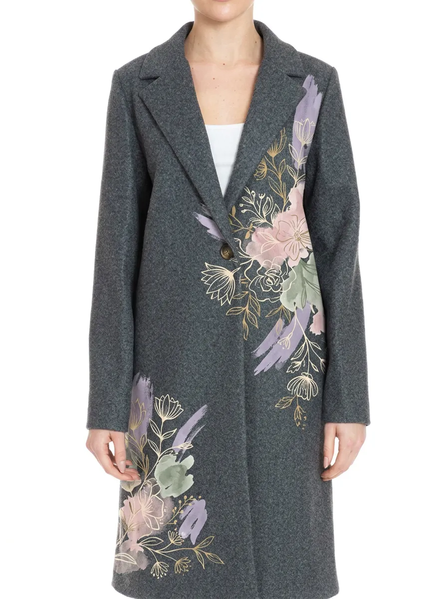Women's Floral Art Grey Wool Blend Printed Coat