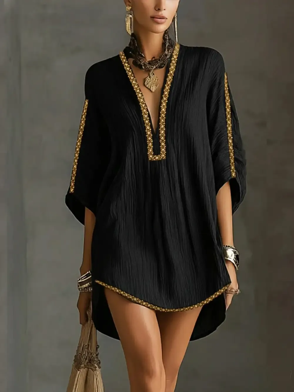 Minimalist Linen Blend Embroidered Short-sleeved Shirt Maxi Dress