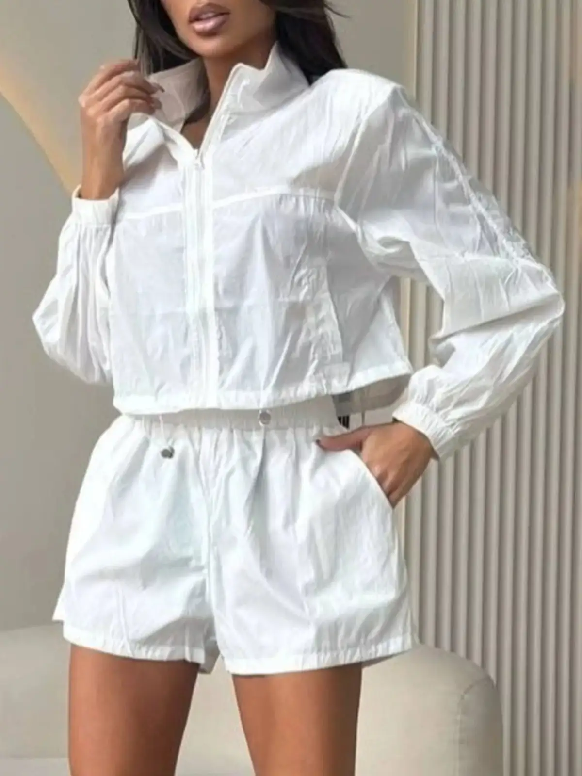 Relaxed Drawstring Zip-Detail Pocketed Top and Shorts Matching Set