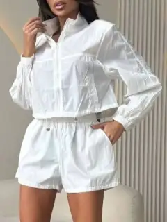 Relaxed Drawstring Zip-Detail Pocketed Top and Shorts Matching Set