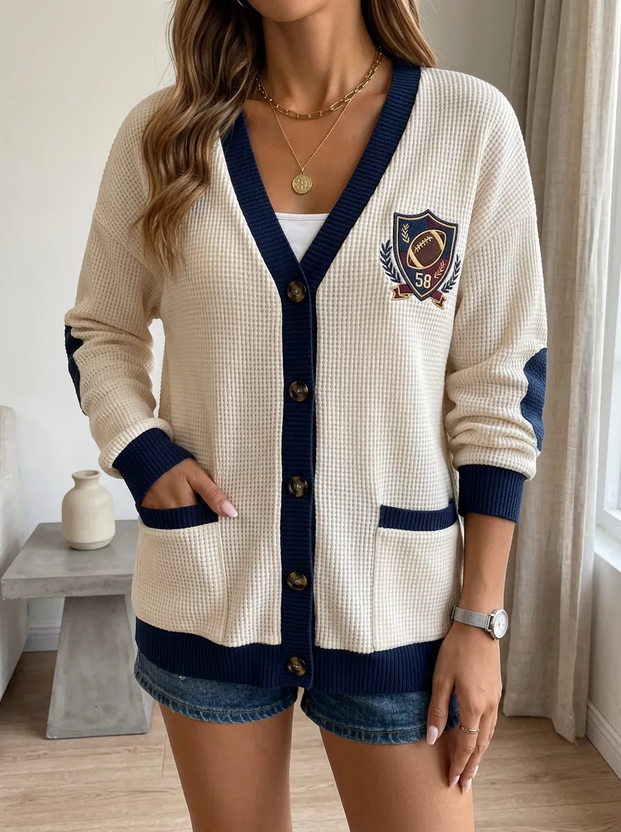 Women's Football Fan Varsity Shield Printed Waffle Cardigan