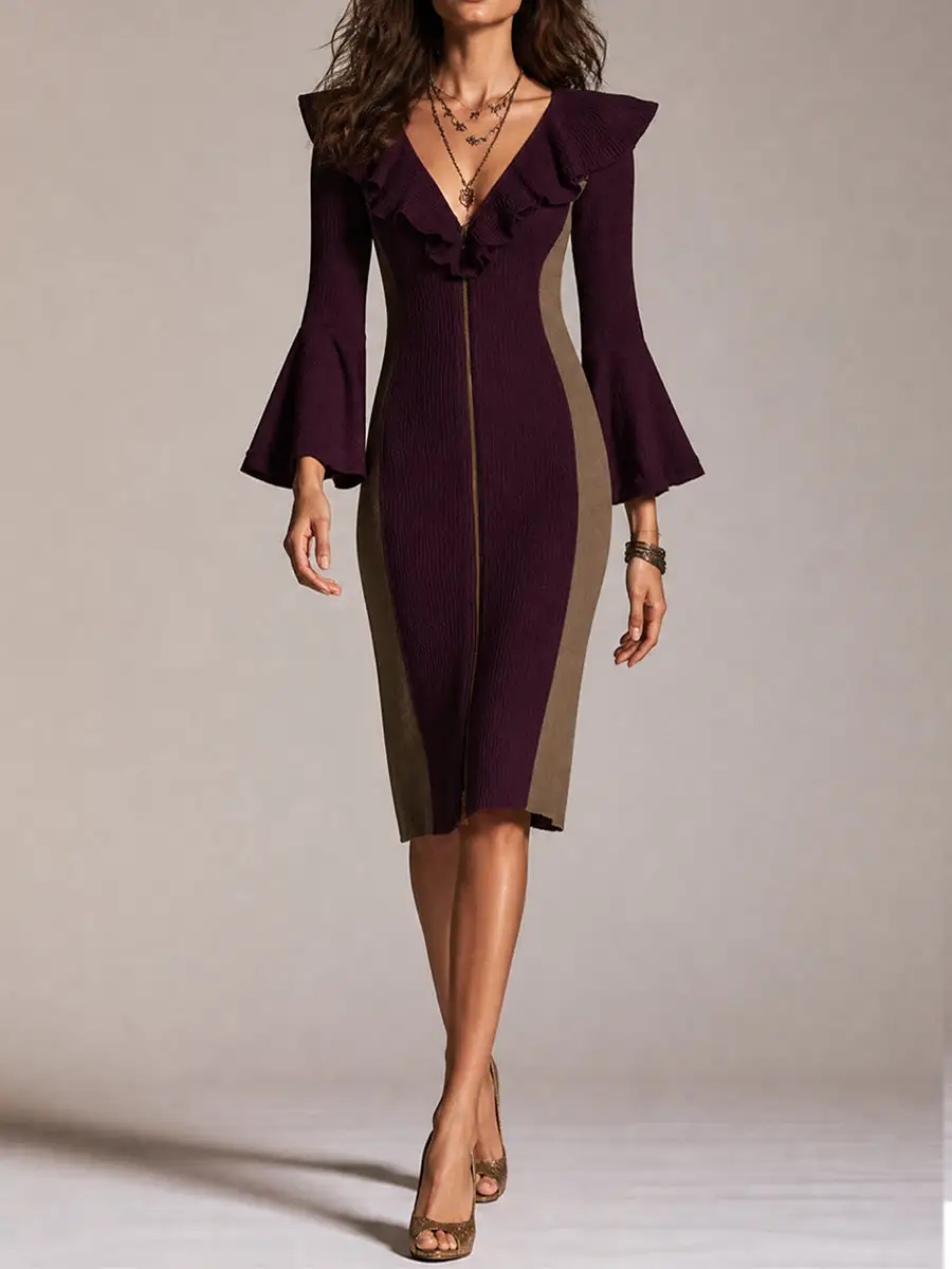 Burgundy Colorblock Ruffle Zip Knit Dress
