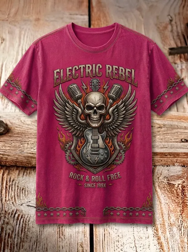 Men's Rock Music Skull Guitar Wings Printed T-shirt