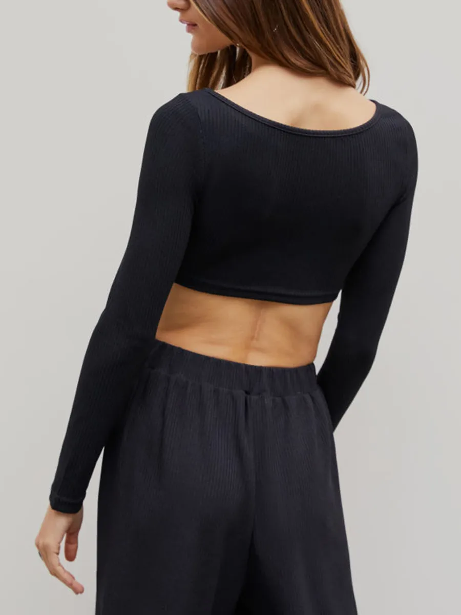 Solid Knitted Crop Top & Wide Leg Trousers Set